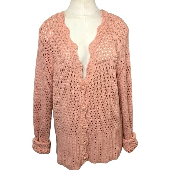 Marled Pink Crochet Knit Cardigan Sweater Scallop Trim Sz L Cottage Boho - Picture 2 of 9